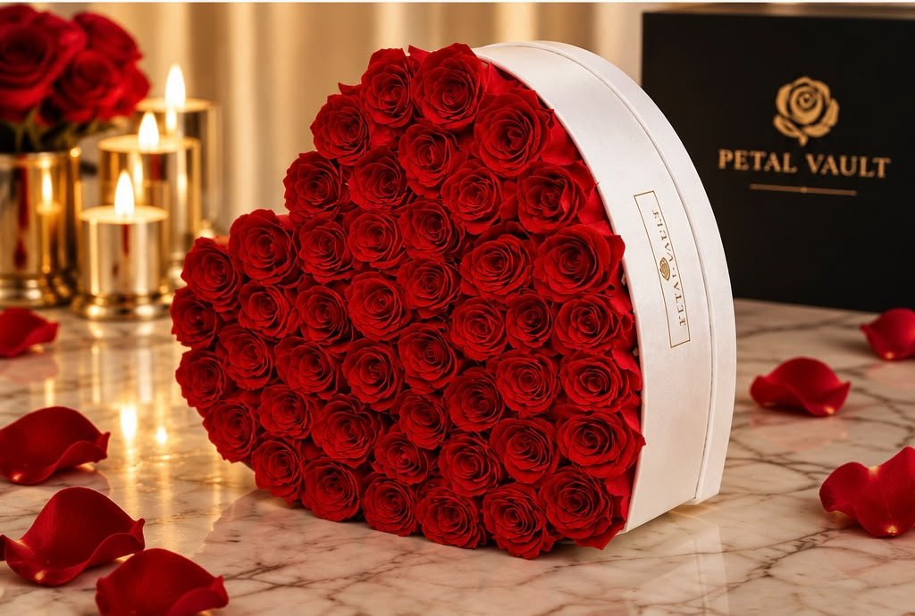 Red preserved roses arranged in a heart-shaped white box