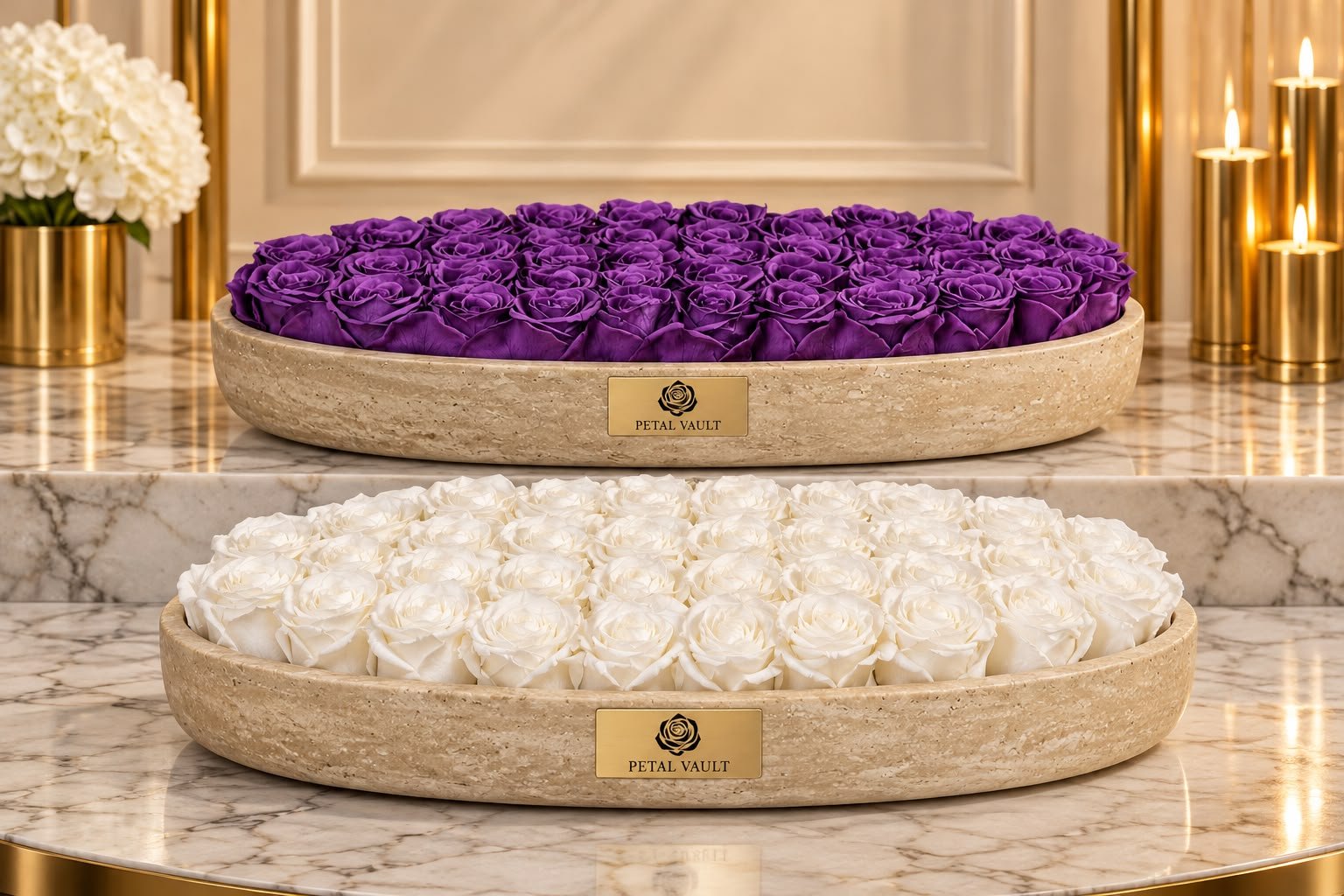 Purple and white preserved roses in long travertine stone trays