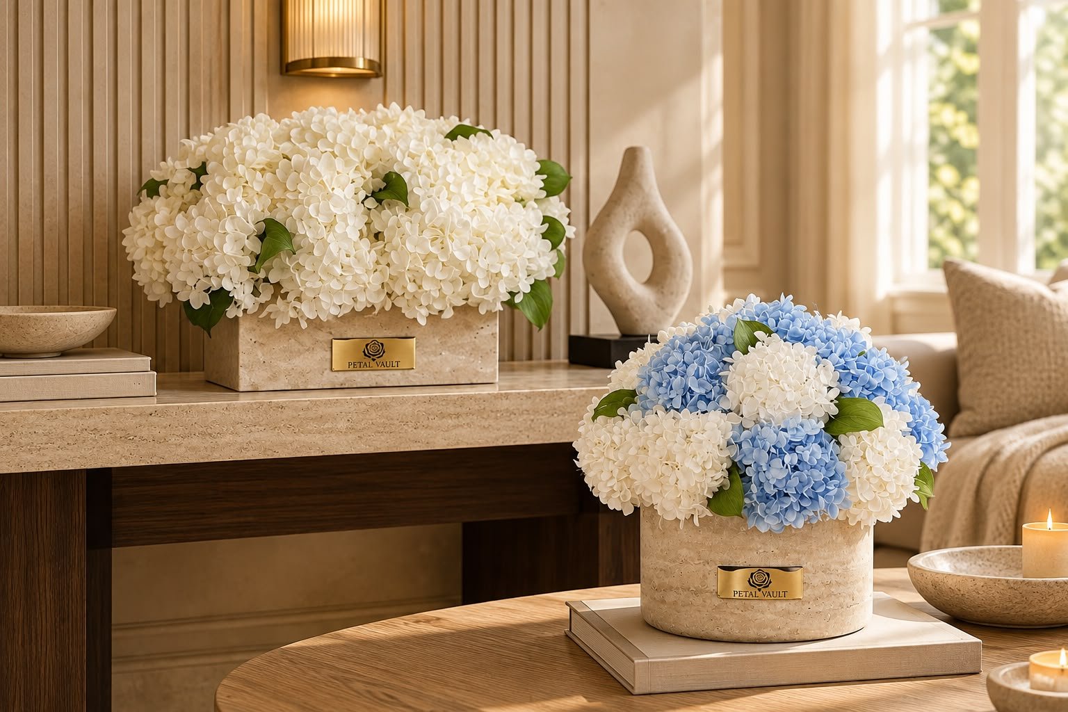 White and blue preserved hydrangea arrangements in stone planters