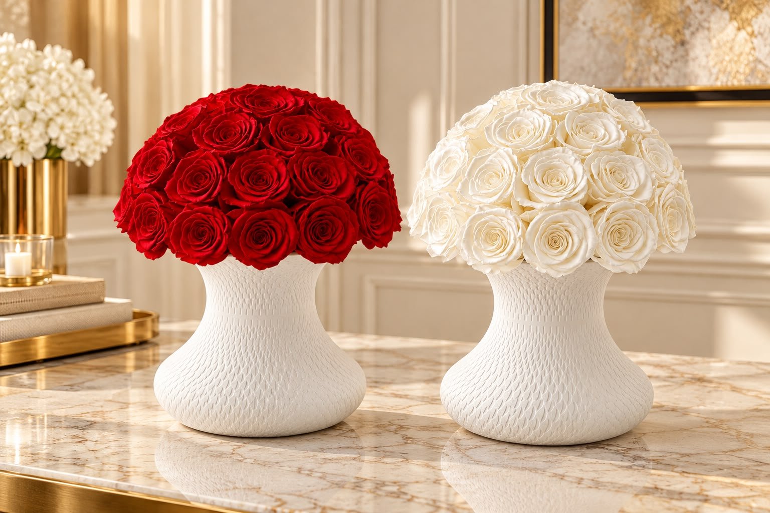Red and ivory preserved rose domes in white sculpted ceramic vases