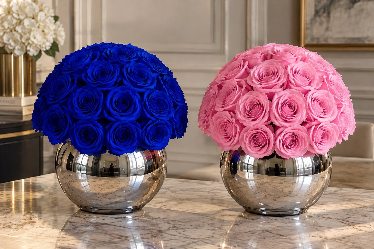 Blue and pink preserved rose domes in mirrored silver bowls