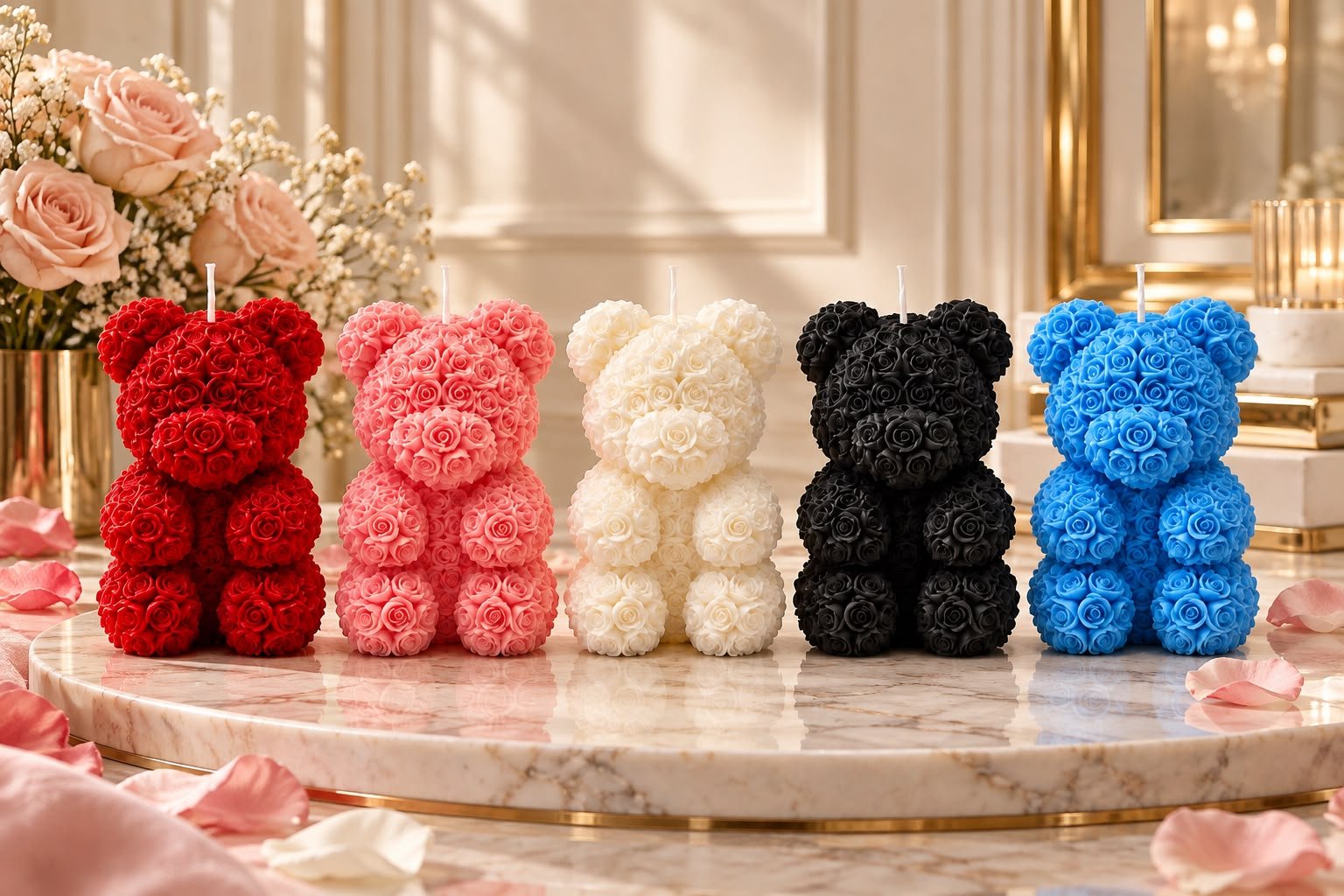 Five rose bears in red, pink, white, black and blue