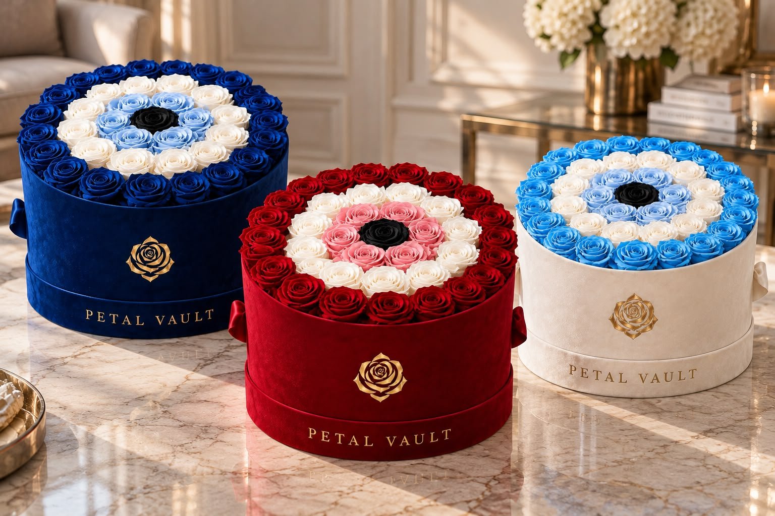 Round velvet boxes with evil-eye patterns made of preserved roses